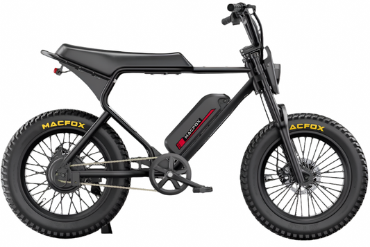 Black electric bike with Macfox branding on a white background