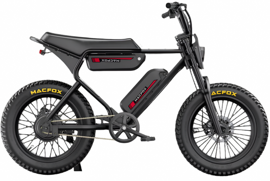 Black electric bike with 'MACFOX' branding on a white background