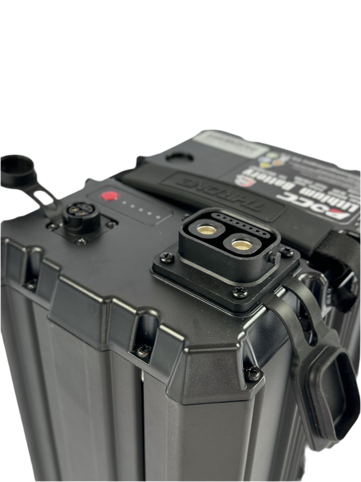 Black battery pack with connectors on a white background