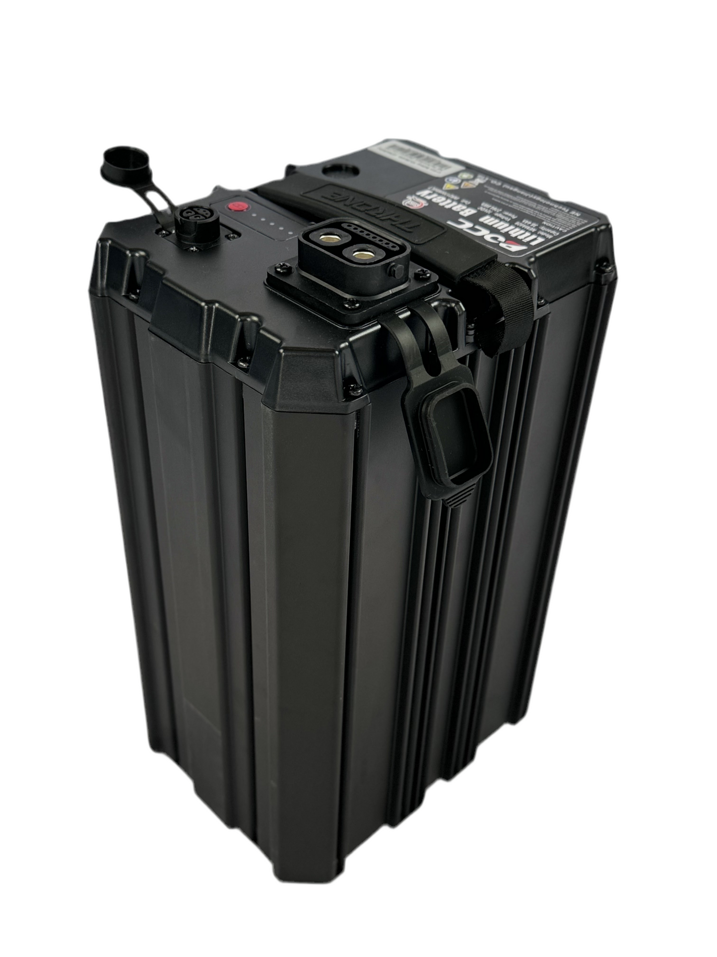 Black rectangular battery or power supply unit on a white background