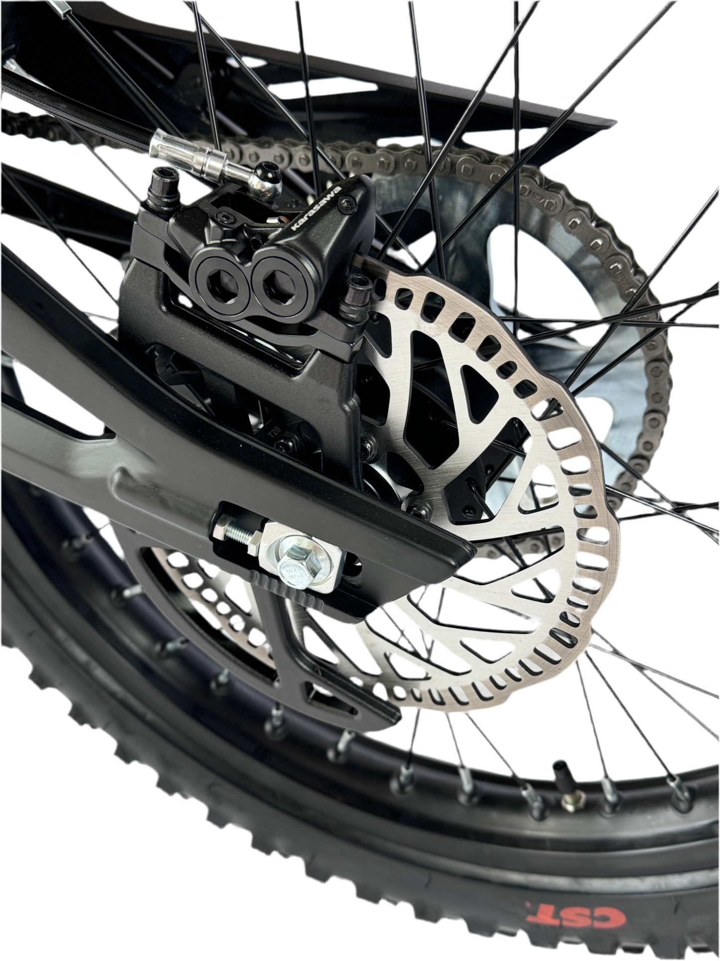 Close-up of a bicycle disc brake system on a white background