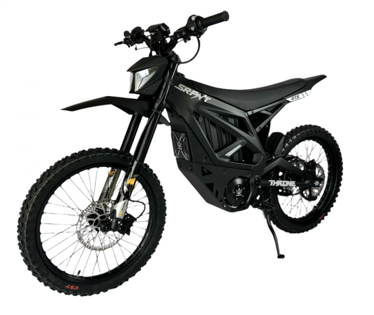 Black electric bike with 'SRT' branding on a white background