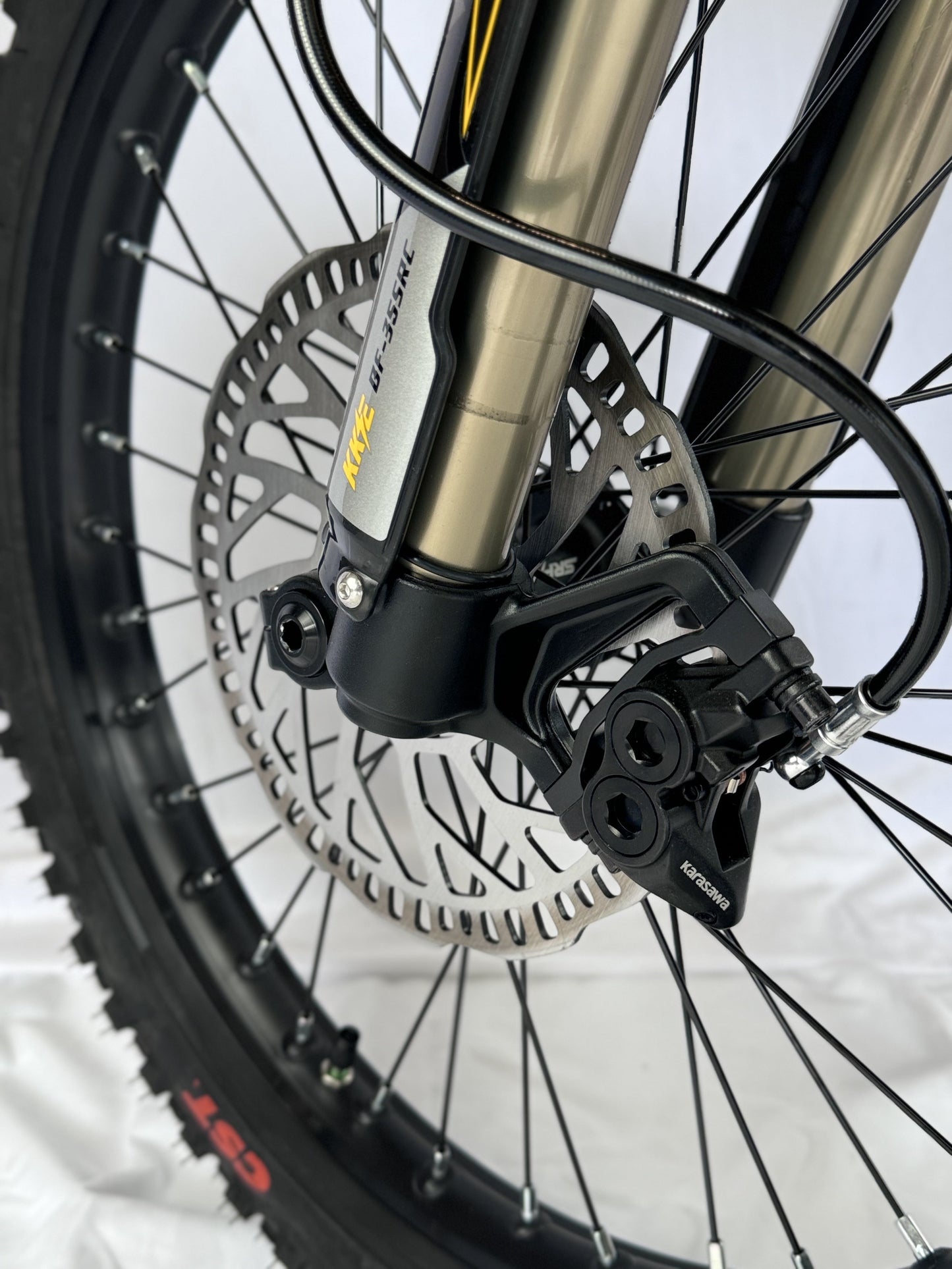 Close-up of a bicycle wheel with disc brake system on a white background