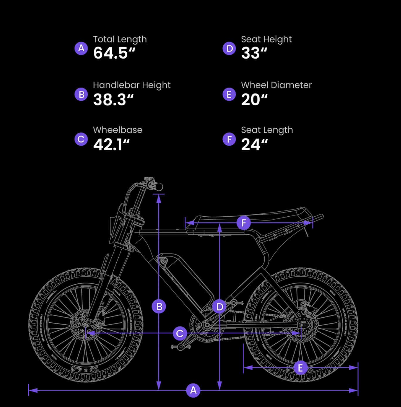 Technical diagram of a bicycle with labeled dimensions on a black background