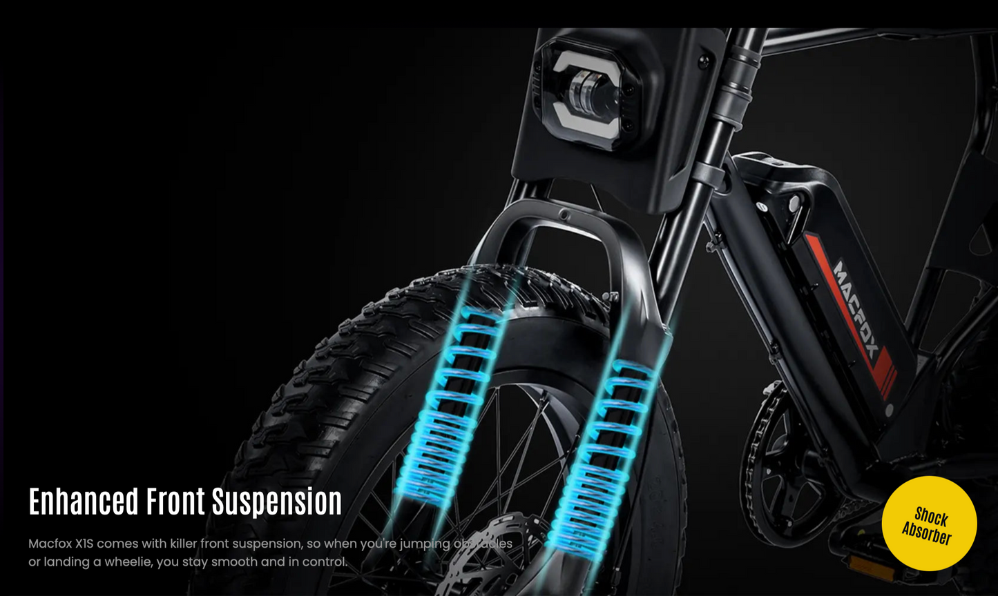 Close-up of a bike with enhanced front suspension on a black background