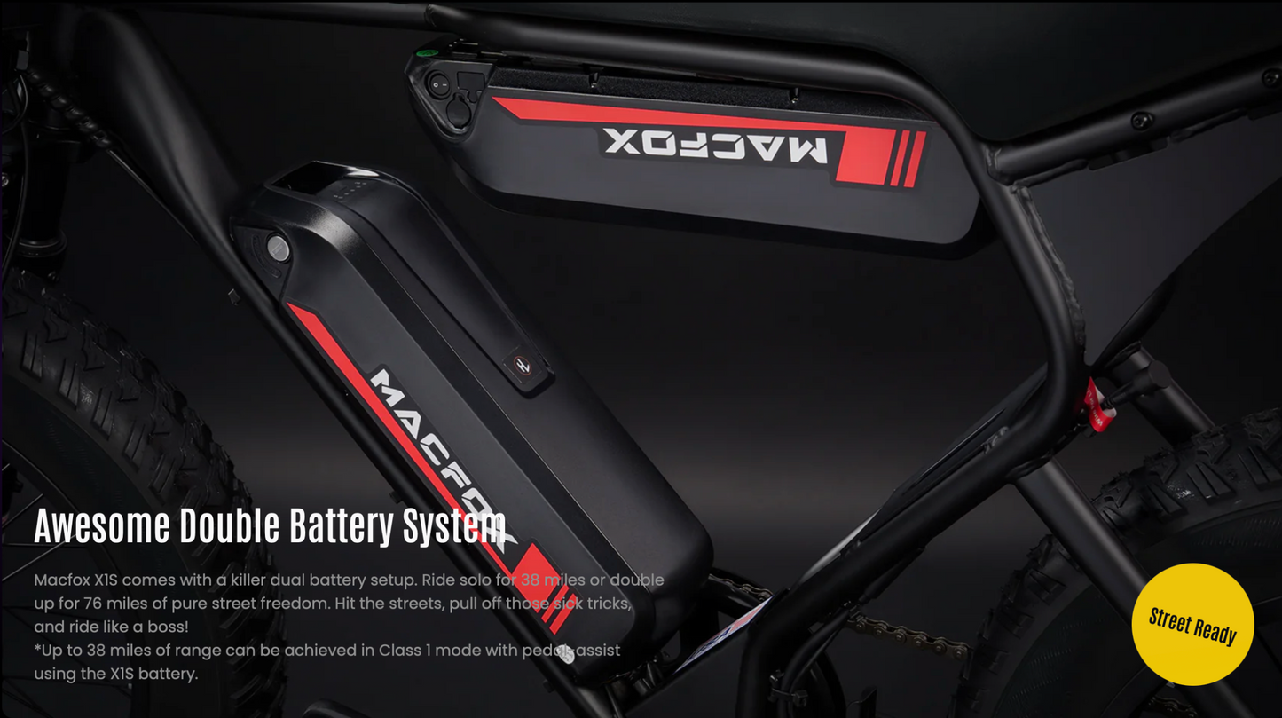 Motorcycle with a double battery system branded 'MACFOX' on a dark background.