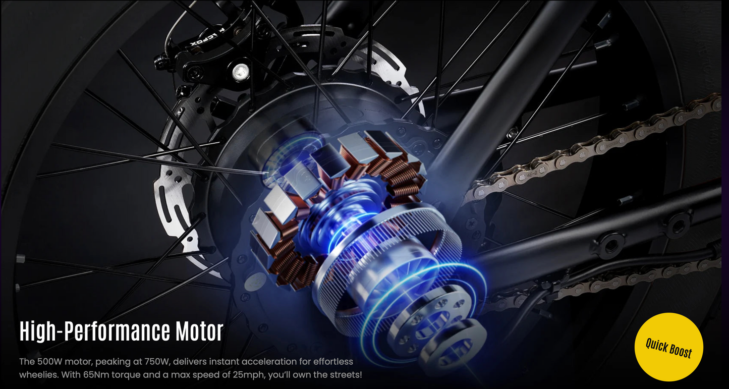 High-performance motor component of a bike with branding and text overlay on a dark background