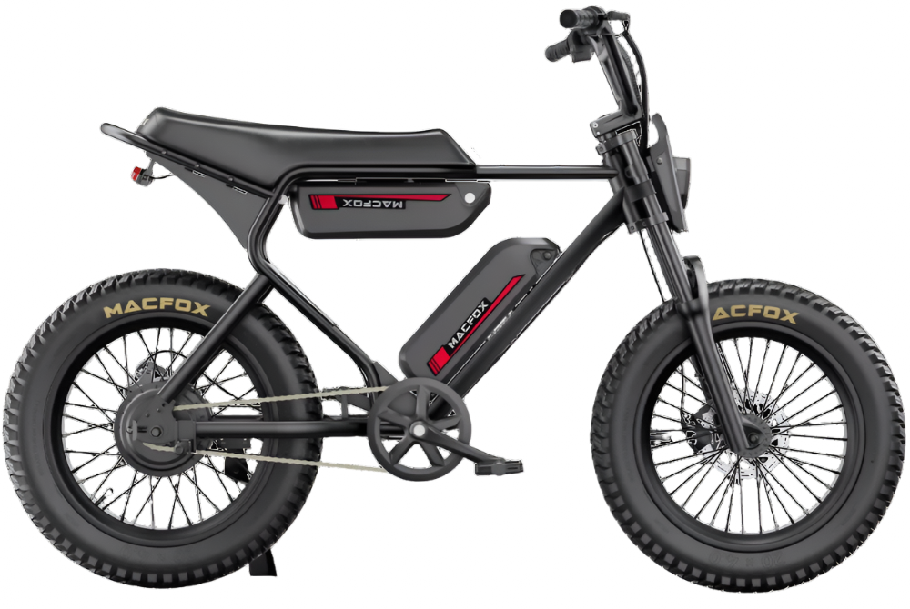 Black electric bike with visible branding on a white background