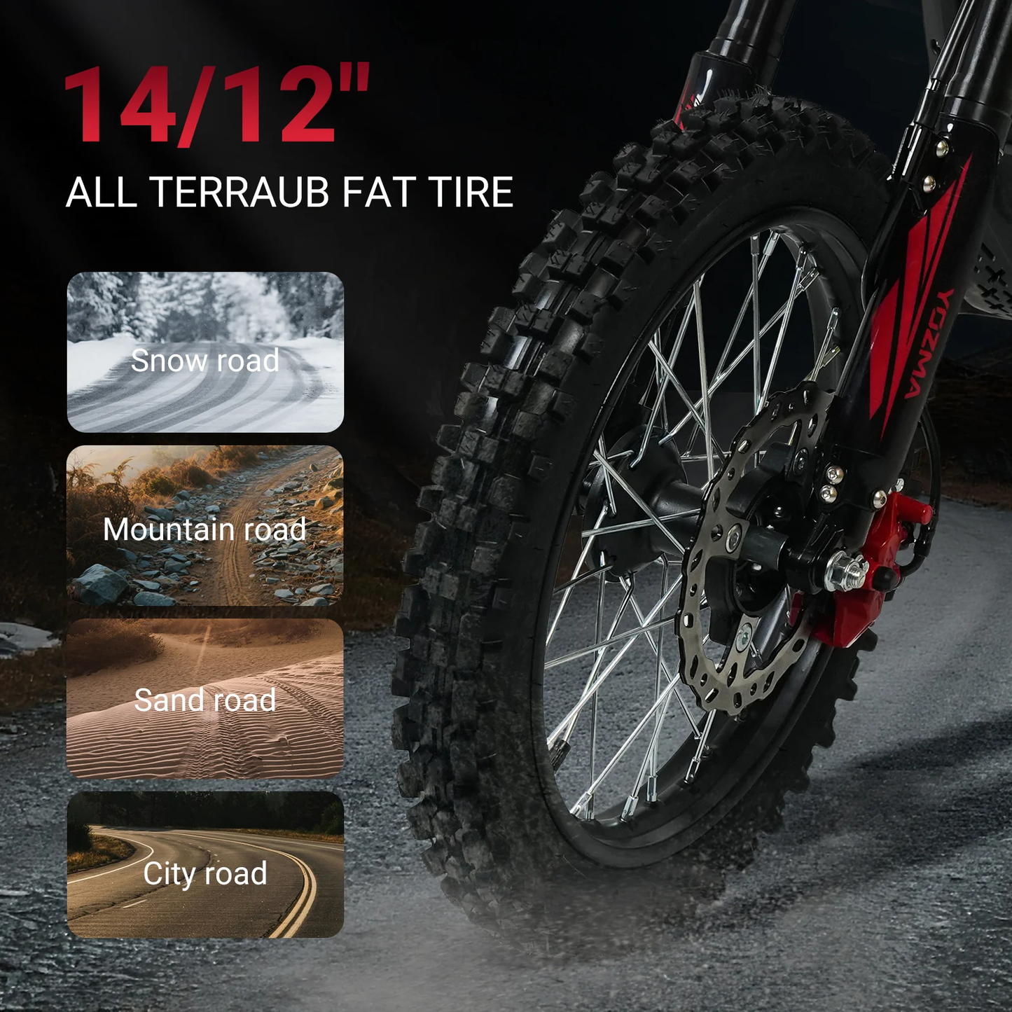 Motorcycle tire with '14/12' specification and terrnaub fat tire branding, showing suitability for various road conditions.
