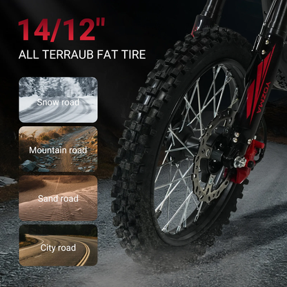 Motorcycle tire with '14/12' specification and terrnaub fat tire branding, showing suitability for various road conditions.