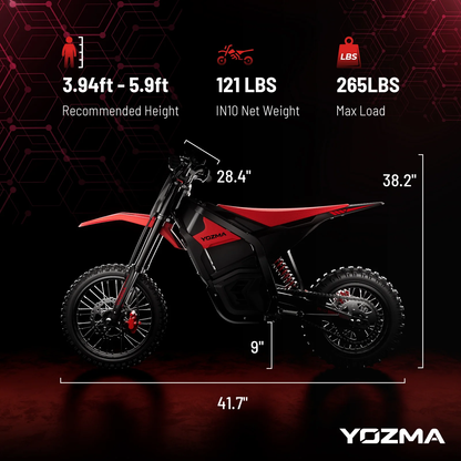 Red and black dirt bike with measurements on a dark background, featuring the Yozma brand.