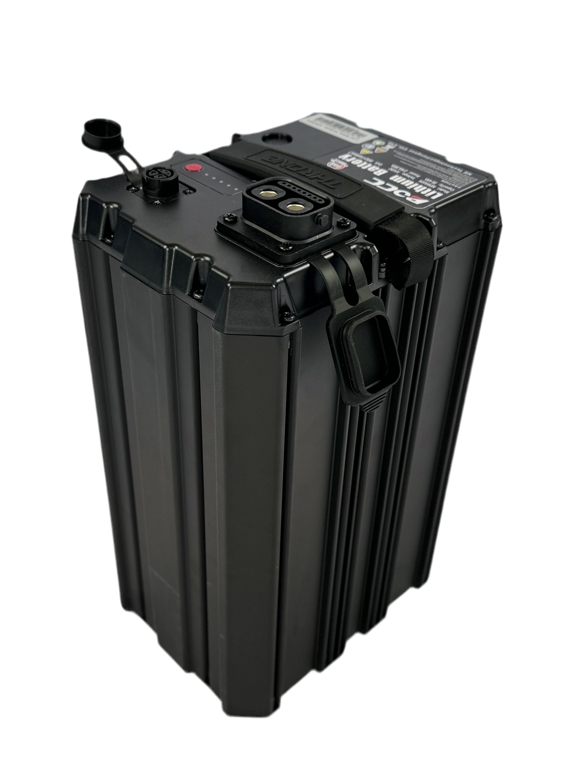 Black rectangular battery or power supply unit on a white background