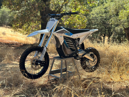 Electric motorcycle on a stool in a natural setting with trees and dry grass.