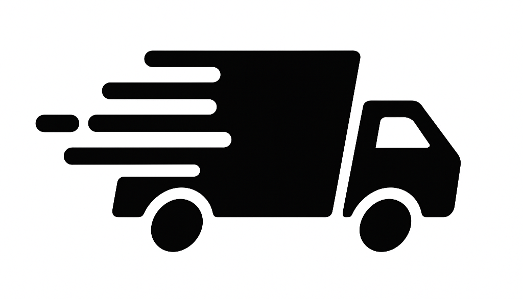 Black silhouette of a delivery truck with speed lines on a white background