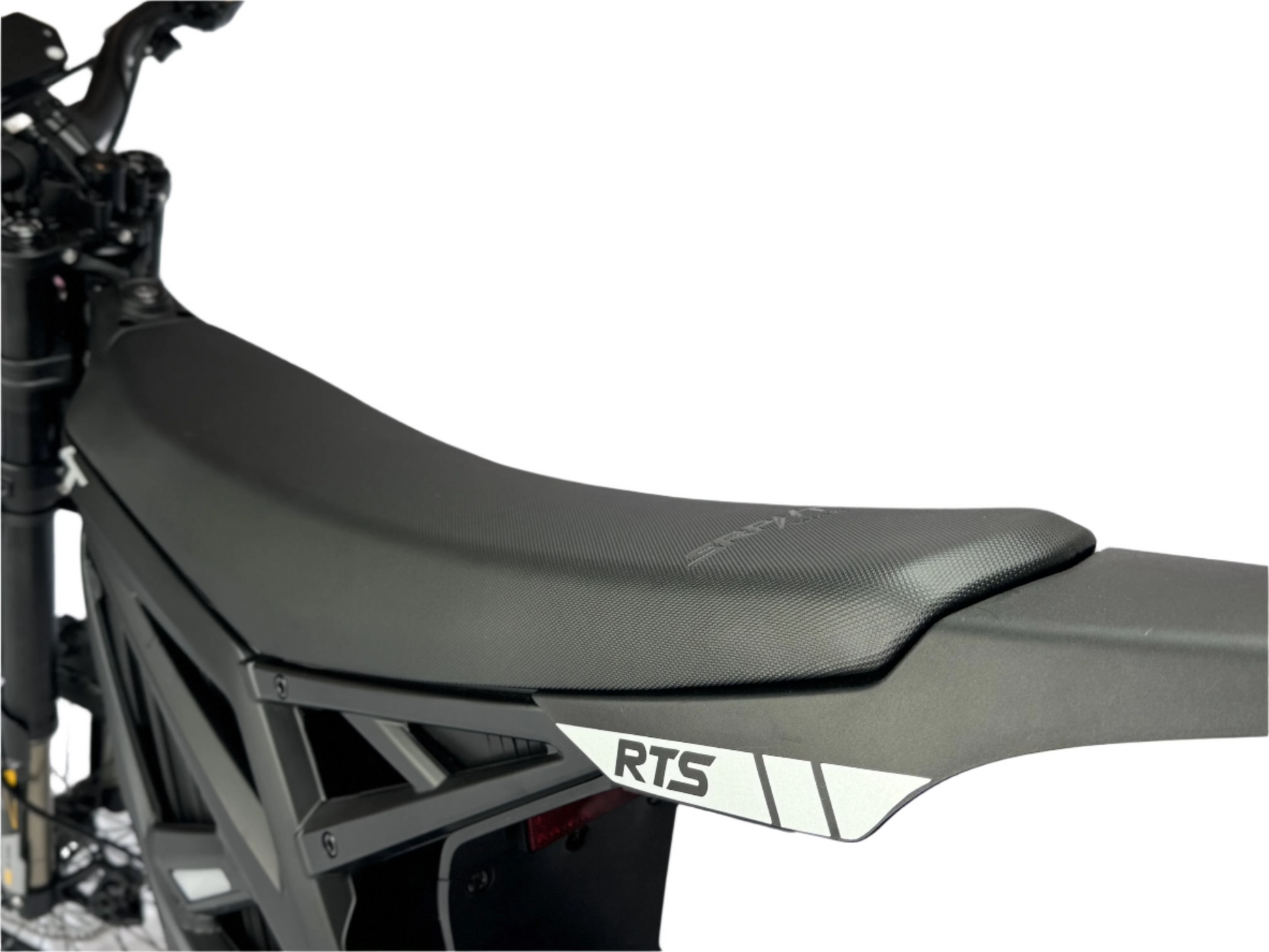 Motorcycle seat with 'RTS' branding on a white background