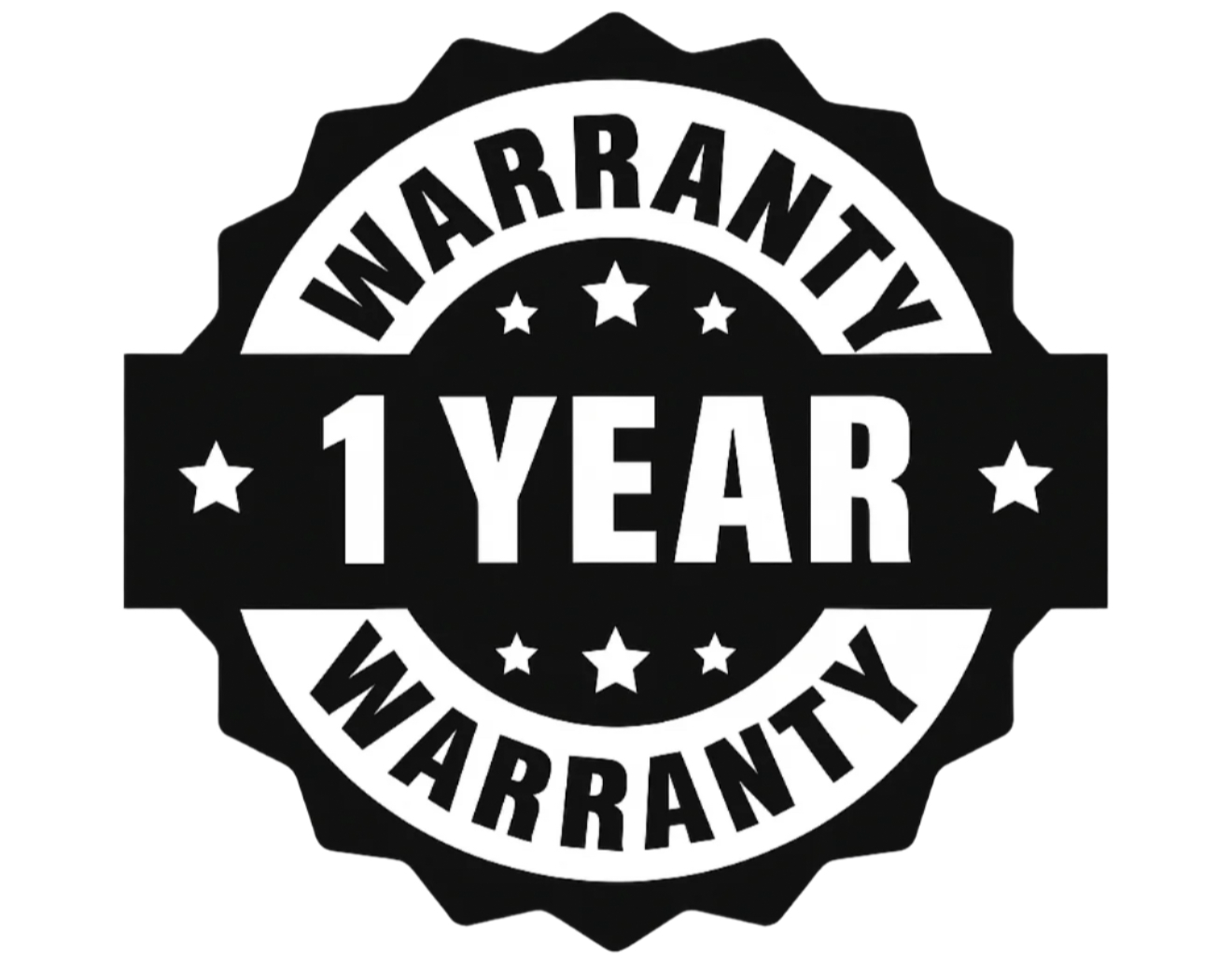 Black and white '1 Year Warranty' stamp on a white background