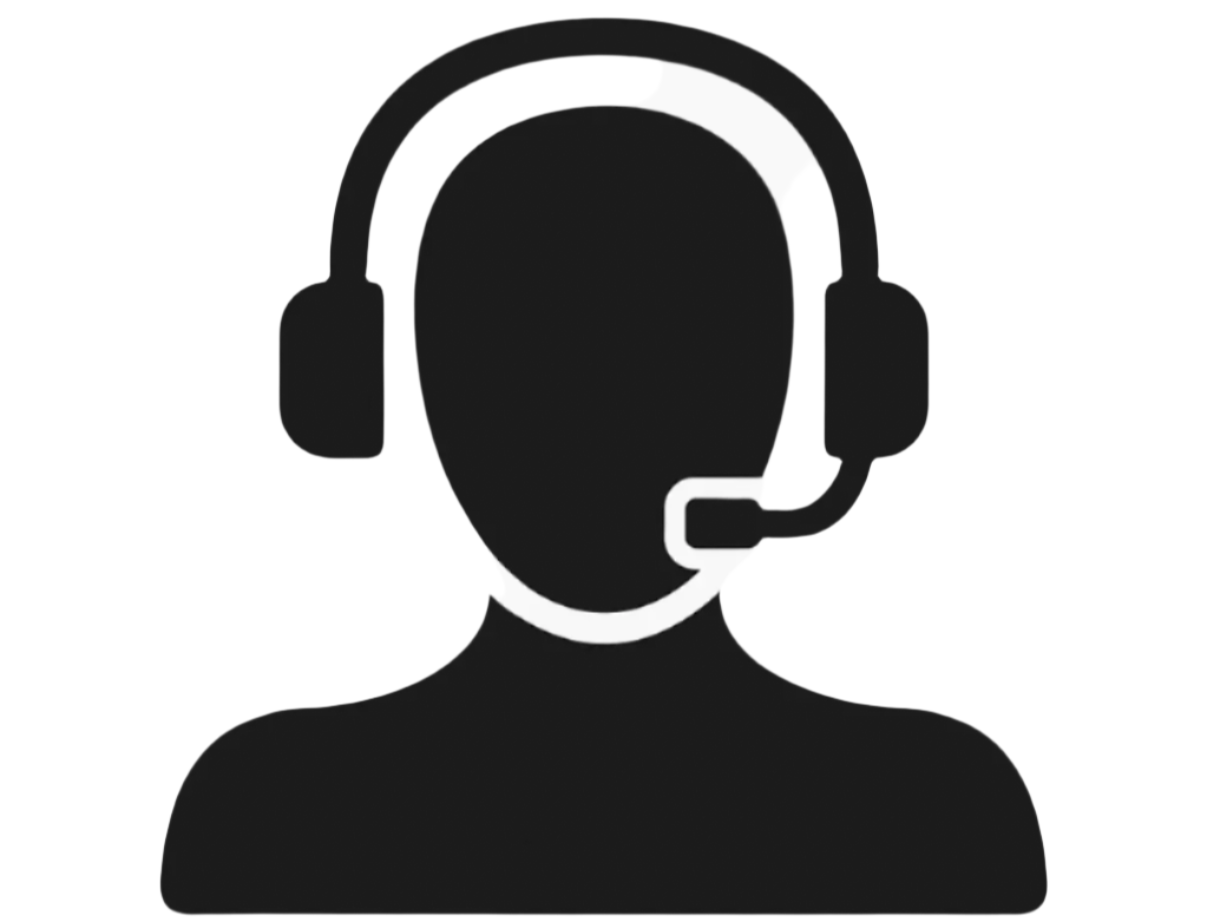 Black silhouette of a person wearing a headset on a white background