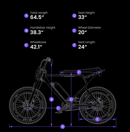 Technical diagram of a bicycle with labeled dimensions on a black background