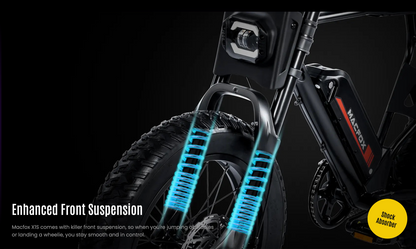 Close-up of a bike with enhanced front suspension on a black background